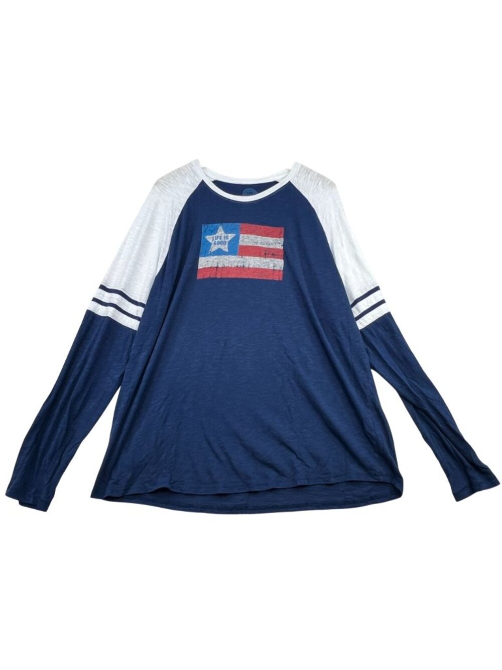 Life Is Good Mens American Flag Classic Raglan Tee Long Sleeve Sz XXL Blue White
